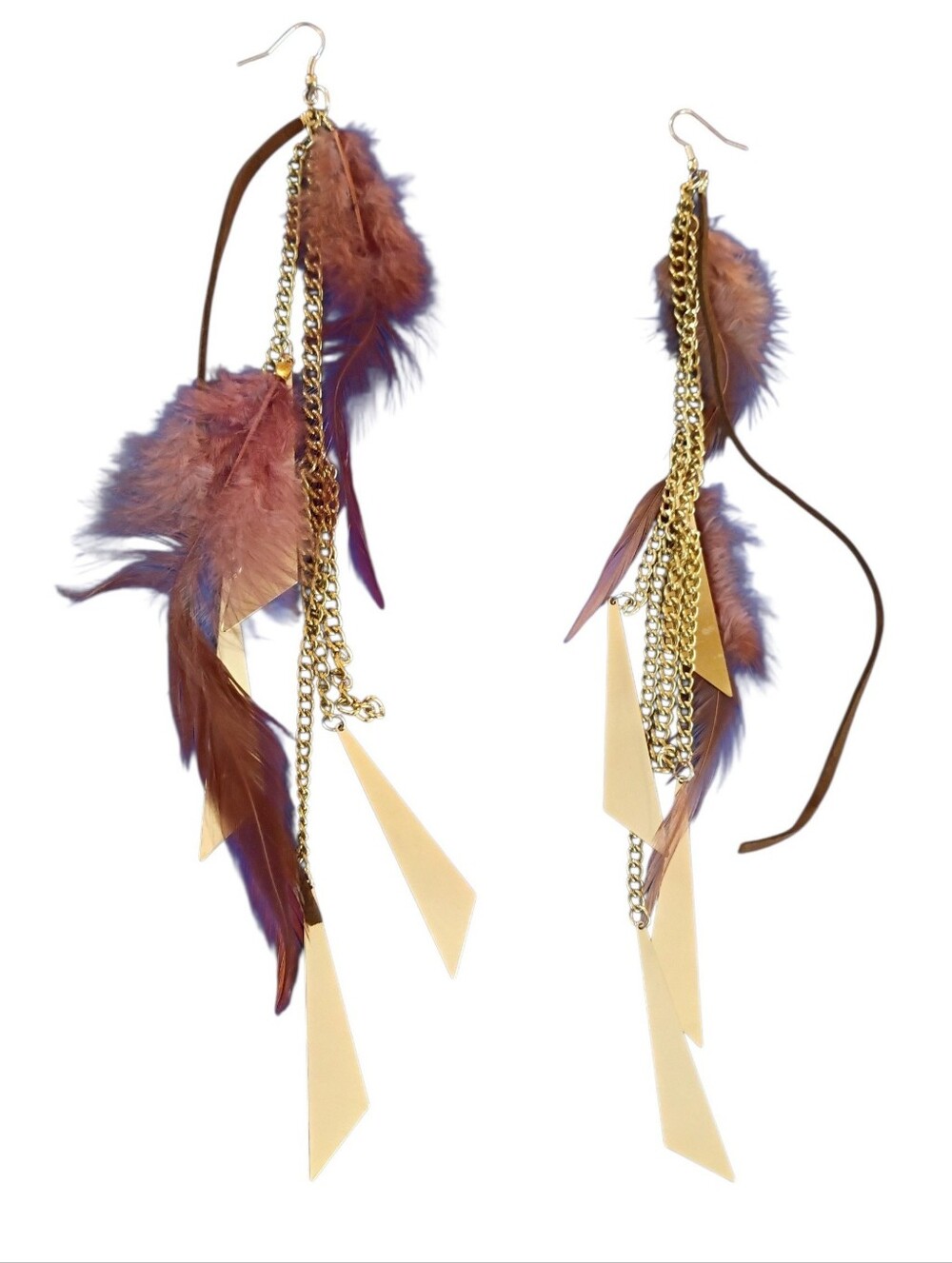 Fashion Jewelry Brown Gold Feather & Chain Drop Dangle Earrings